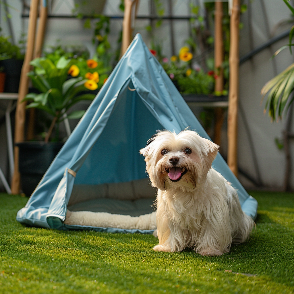 pet with tent on artificial grass for shading