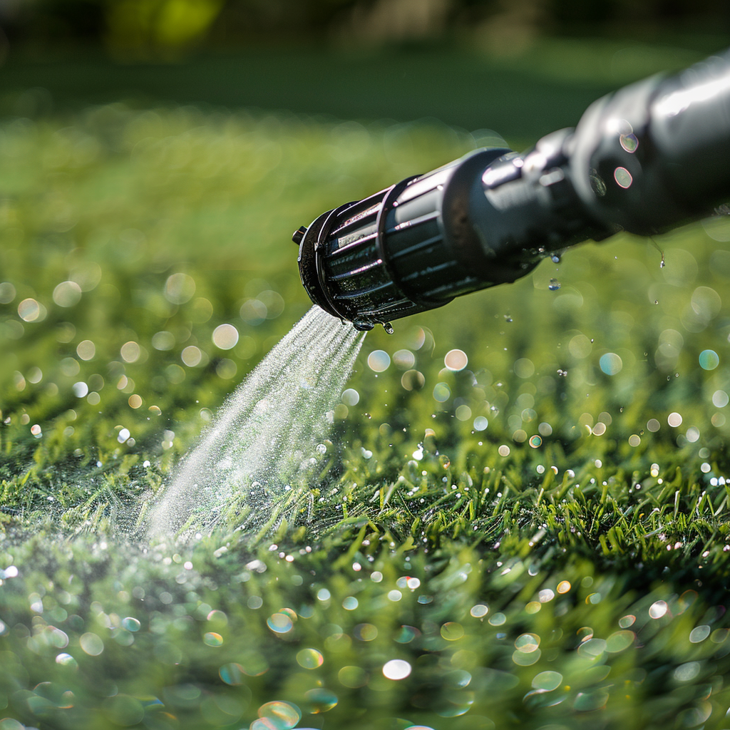 sprinkling water on artificial lawn with a hose